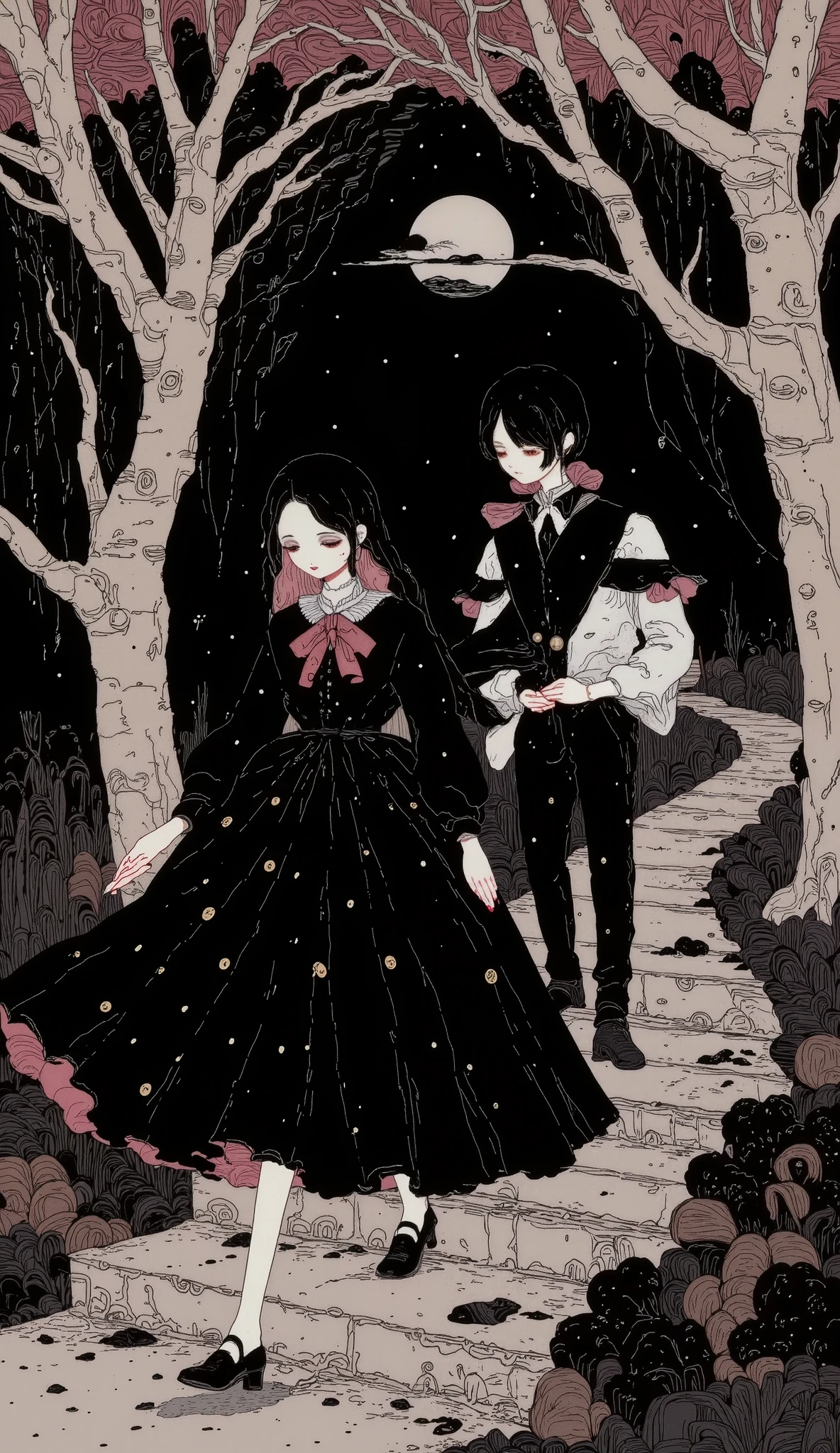 pareja heterosexual gótica:1.5, A Day with My Gothic Girlfriend, A gothic girl in a dark forest, long black dress, pale skin, red lips, dark eyeshadow, intense gaze, walking on a path surrounded by twisted dead trees, moonlight shining through the branches, moody atmosphere, (best quality,8k,highres,masterpiece:1.2),ultra-detailed,(realistic,photorealistic,photo-realistic:1.37),dark fantasy,chiaroscuro lighting,dramatic shadows,muted colors,melancholic,atmospheric