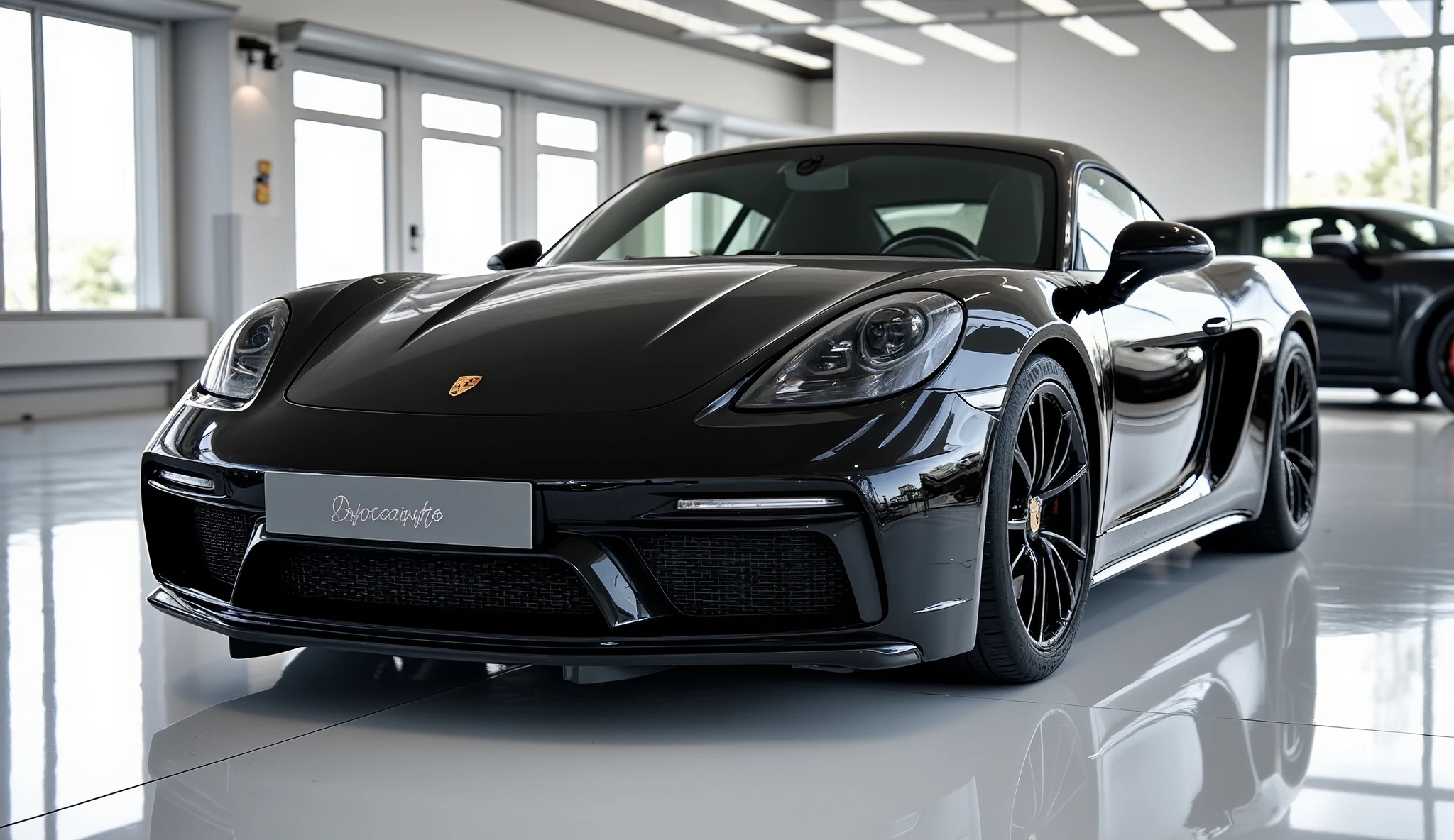 Front side view of painted black with shiny colour 2025 Porsche 718 Spyder RS sleek in large shape sedan in large size with Porsche logo on its large detailed grille in shiny white colour with angular sporty design captured from close front side view with modified sleek backlights & with a "Porsche" logo and with modified cutting edge technology with a plate called "Porsche" with in a Luxury bright showroom with white gleamy floor Quality, with two rectumgular exahust" with very low suspension of car that touches showroom surface Super Detailed, and shining of showroom falling on car surface
