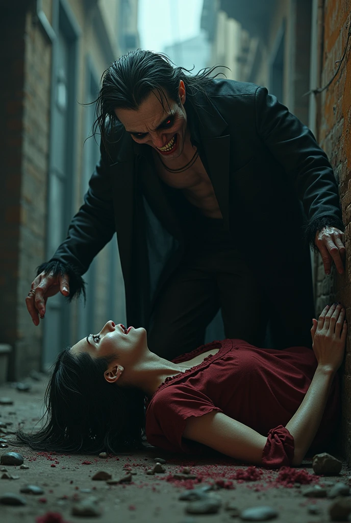 Realistic, A very beautiful black widows girl knife, cut throat A boy blindfold neck bloody splash, full body, wide open throat, throat contents