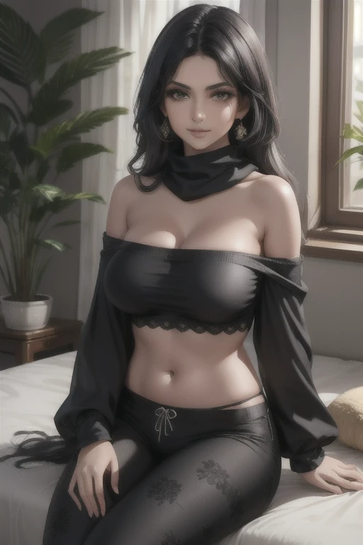 25 years old, serious face, black hair, green eyes, BILLI ELLISH, singer, mature, busty