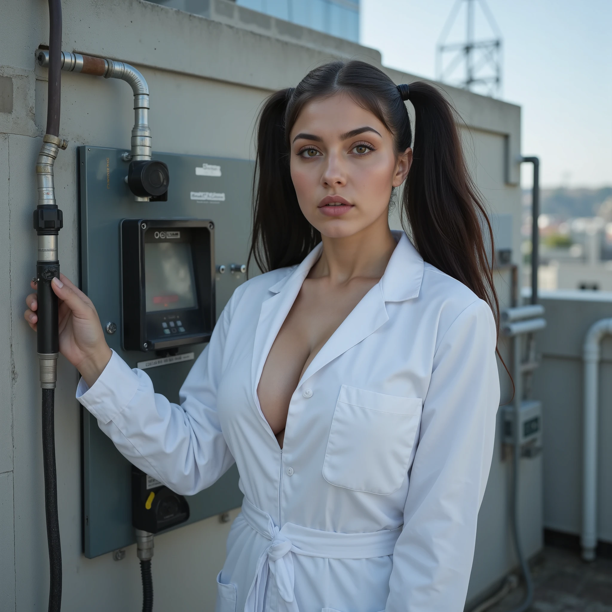 highquality madscience photo, photorealistic belowview portrait of young (((fullbreasted))) blackhaired nurse (Isabella Rodriguez), unmade face, colourless lips, ((((looking dominant strict into camera, sexy scowling into camera close up, standing at large electric generator with thick tubes and huge cables in concrete wall, one hand adjusting huge regulator on large controlpanel in wall, close up)))) in electroexperiment, tight waist, ((((((enormous huge round breasts)))))), ((sfw, fully clothed, completely covered in closed tight highnecked medical whitecoat, tight closed white medical gown)), outside on a rooftop trrace of a modern concrete hospital building with medical devices, frontal lighted by daylight on a sunny day, focused eyecontact close up, (((hyper detailed))), ultra sharp focus, 8k, uhd, realistic, low saturation, low contrast, ultra realistic colours, ultra realistic skincolour, only uncoloured light, view from below