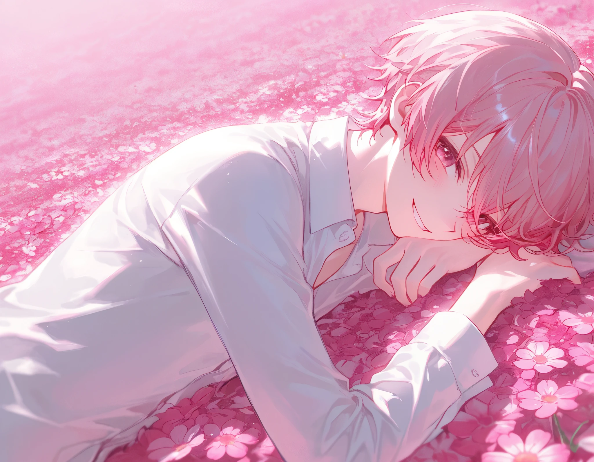 (( pink hair short hair 1 man:1.4)),((Pink Cosmos flower field :1.4))、 the petals dance、Grass、 white shirt、(Sunshine、Clear skies)、 is bursting out laughing