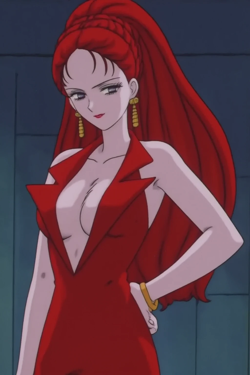 anime,boa Hancock wearing a red blouse, straw hat and snake shaped earrings, blue eyes, curly hair, big chest, red lipstick