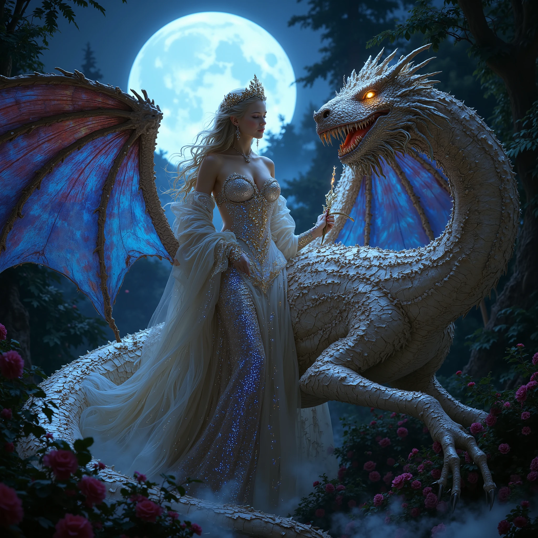 score_9, score_8_up, score_7_up, score_6_up, score_5_up, score_4_up, A massive dragon looms close to a regal queen with flowing white hair, set against a fantastical landscape. The moon casts a silvery glow over the scene, highlighting the dragon's glistening scales and the queen's intricate, stone-studded crown. They stand on a rocky outcrop, surrounded by ancient stone ruins, with the moonlight reflecting off the weathered surfaces. The dragon's eyes, filled with wisdom and power, meet the queen's calm, determined gaze. The air is thick with magic and the promise of untold stories as the queen, clad in a flowing gown, gently rests her hand on the dragon's snout.