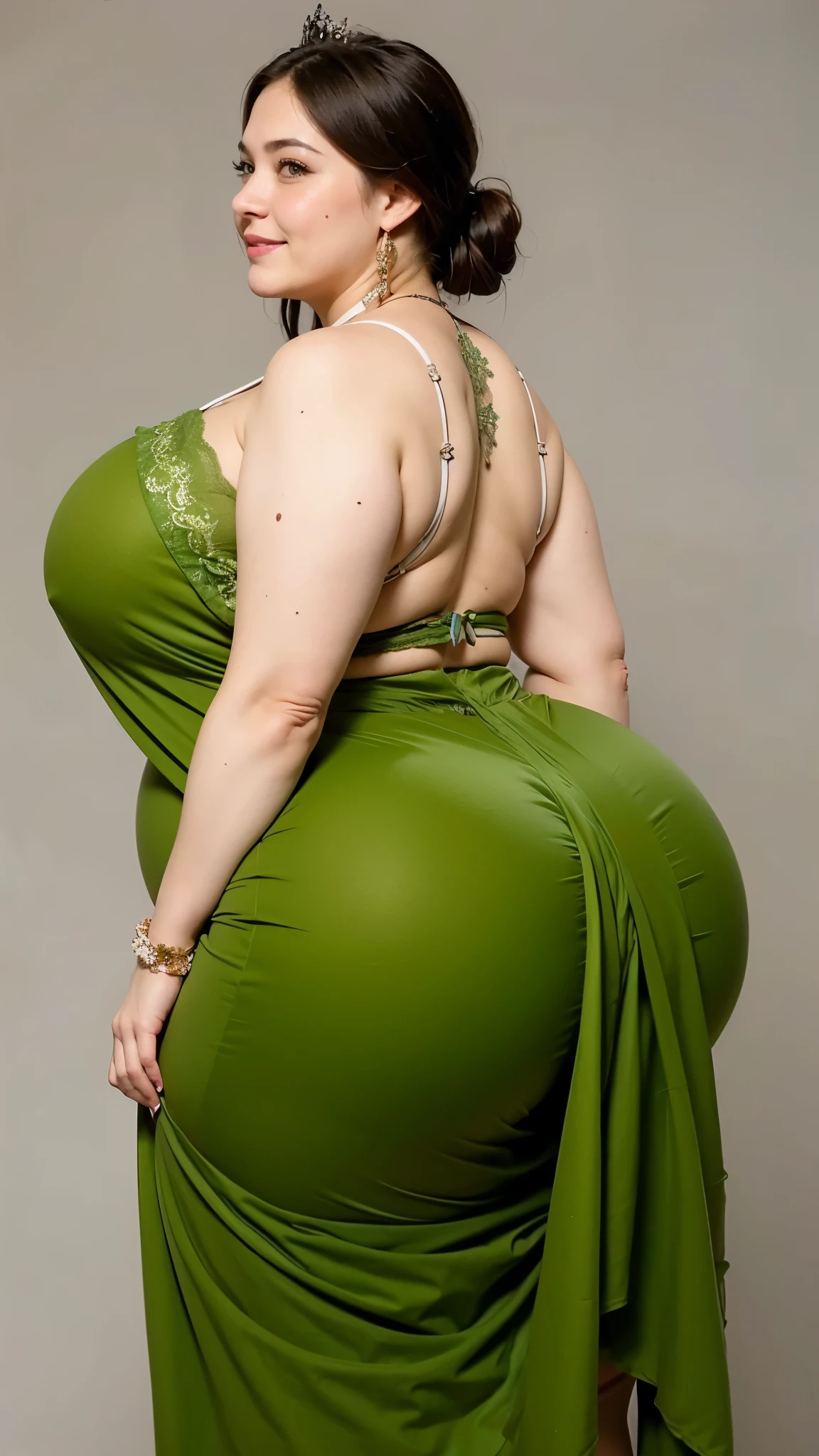 1girl, huge breast, wavy black short hair, green eyes,high quality, ultra detailed, masterpiece, realistic, gamis clothes,braid,standing, slightly fat arms , slightly fat belly , chubby cheeks