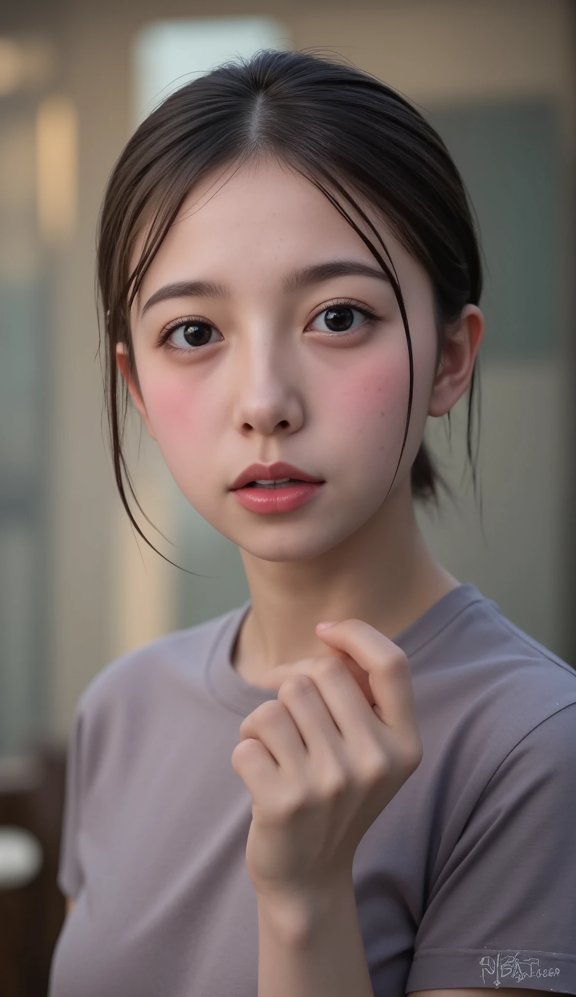 high-resolution photos of young Japanese women , Masterpiece, Amazing Quality , complicated details, Very Detailed , Professional lighting , electronic flash , ( sharp concentration), Alone, 1 girl, (wet grey t-shirt), (Small beautiful breasts:1.5), (slender, slim and thin body , skinny:1.2), (Small Head, Small face), white skin, detailed face, detailed eyes, sophisticated nose on wedding day, (((Obscene expression))), Outdoors, dusk, (perfect hand, Perfect Anatomy, anatomically accurate ), ((transcendental sexy face、Model face、))