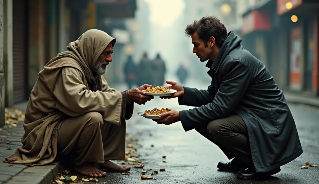 Created a realistic ultra HD movie image of a beggar sitting in torn ...