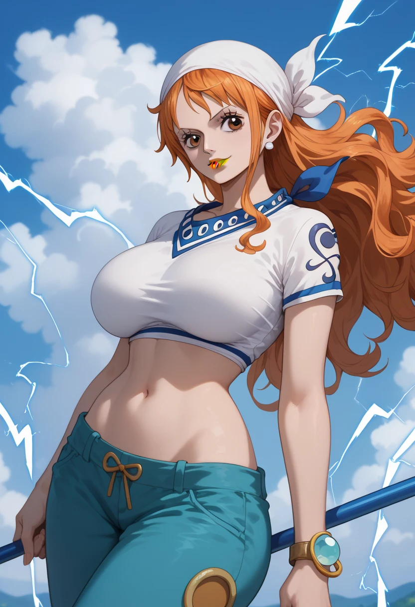 detailed background, masterpiece, 4k, best quality, late youth, adult, wrestler body, 1girl, active, energic, uppercut, (large mouth) , solo, nami \(one piece\), 1girl, bangle, (full white T-shirt, full top, very wet, drenched in sweat, sweat all over body, very wet hair, tired, taking breath, open mouth, sweaty face, sweaty body, panting, sweating too much, shiny sweat, sweat stains, leaning forward, tilting, both hands waving good bye, both hands up, bruises on body), perfect detailed face, bold drawing lines, muscular arms, detailed bold arm lines, flat jaw, adult woman, wavy wide streaked bangs,(very long left side bangs short right side bangs, lock of hair upward), floating bang streaks, (big cheeks), bare shoulders, off-shoulders, belt, blue sky, bracelet, springy breasts, breast lines, big round eyes, plain big brown shiny eyes, bubbles, high eye position, cleavage, cloud, day, denim, earrings, floating hair, shiny hair, green belt, bold groin lines, jeans, jewelry, large breasts, log pose, long hair, looking at viewer, wet hair, orange hair, pants, shoulder tattoo, sidelocks, sky, solo, standing, swimsuit, tattoo , looking at viewer, open mouth, detailed left arm, big forehead, hourglass figure, small head, toned body, wide hair, wind effect, sun effect, under the sun, narrow small ears angle, older, random poses,