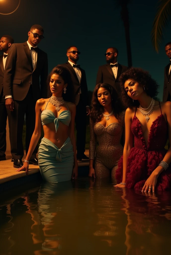 a group of women in luxury aesthetic, yacht, illustration, wealthy, goddess, glamour, elegant, classy, multiracial, 3D animation, fine details, vibrant colors, golden sunlight, gentle ocean breeze, captivating expressions, flawless skin, flowing dresses, intricate jewelry, soft lighting, sparkling water reflections. black women, brown women, sitting on the front of a yacht, animation, drinking champange