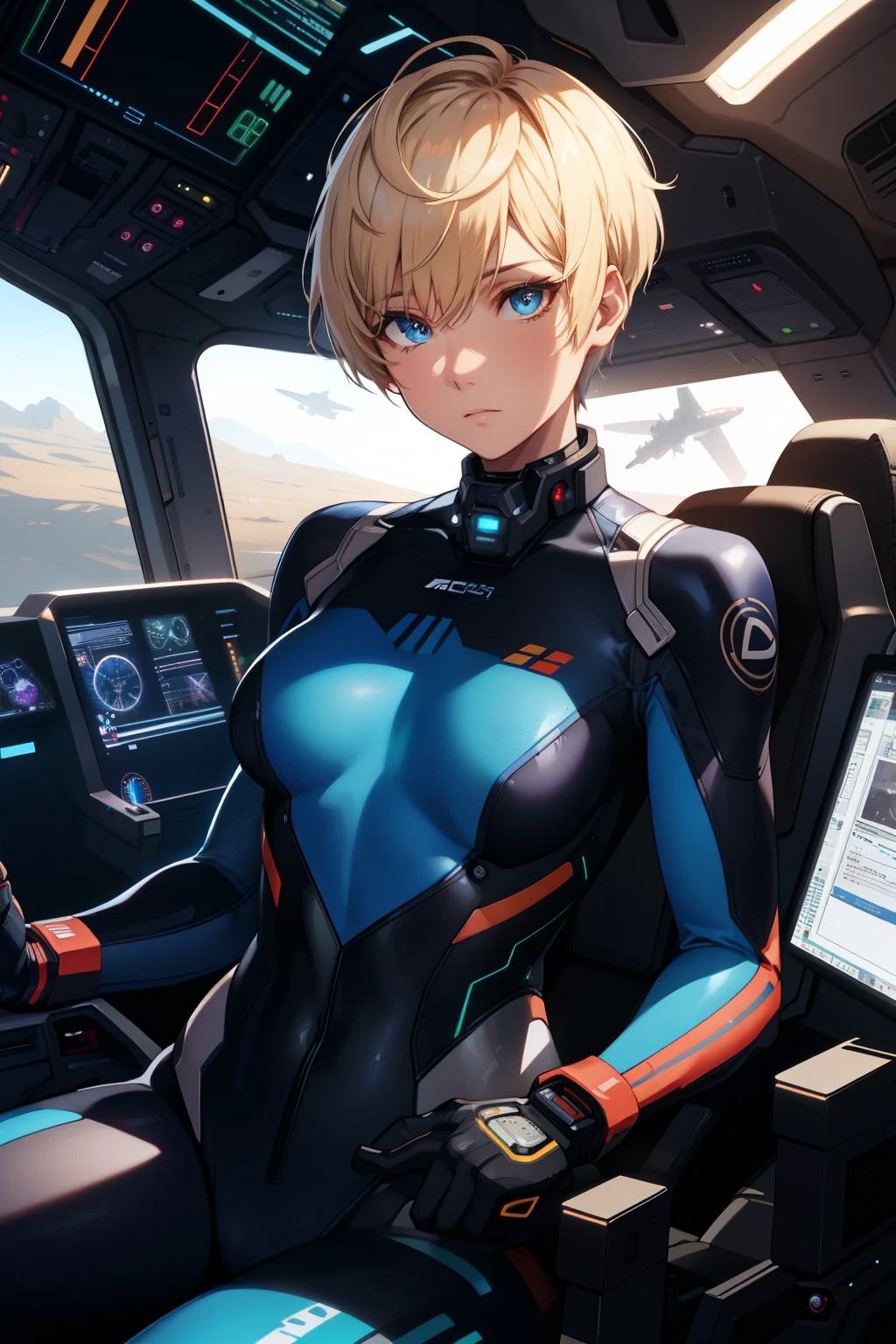cockpit-pilot, pilot suit, bodysuit, science fiction, mscockpit, holographic monitor, pilot chair, (extremely detailed CG unity 4k wallpaper),(masterpiece),(best quality),(ultra-detailed),(best illustration),(best shadow),(absurdres),(detailed background of a Dark bedroom), White woman, 30 years old, Neck-length blond hair (Pixie cut), Blue eyes, Focused expression,