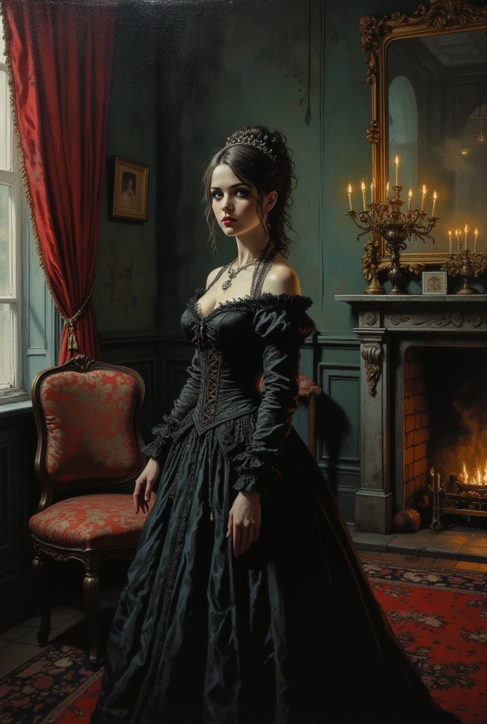 A dark and atmospheric oil painting featuring a stunning Victorian-era woman. She wears an elaborate, high-necked gown adorned with lace and intricate embroidery. Her expression is mysterious, with beautiful eyes that hint at hidden secrets. The setting is a dimly lit, gothic interior, with heavy velvet drapes, a grand fireplace, and an ornate, antique mirror reflecting the flickering light of a candelabrum. Shadows loom in the corners, and the air seems thick with an otherworldly presence, giving the scene an occult and eerie feel. ((Revelating Big boobs)), sexy, detailed face