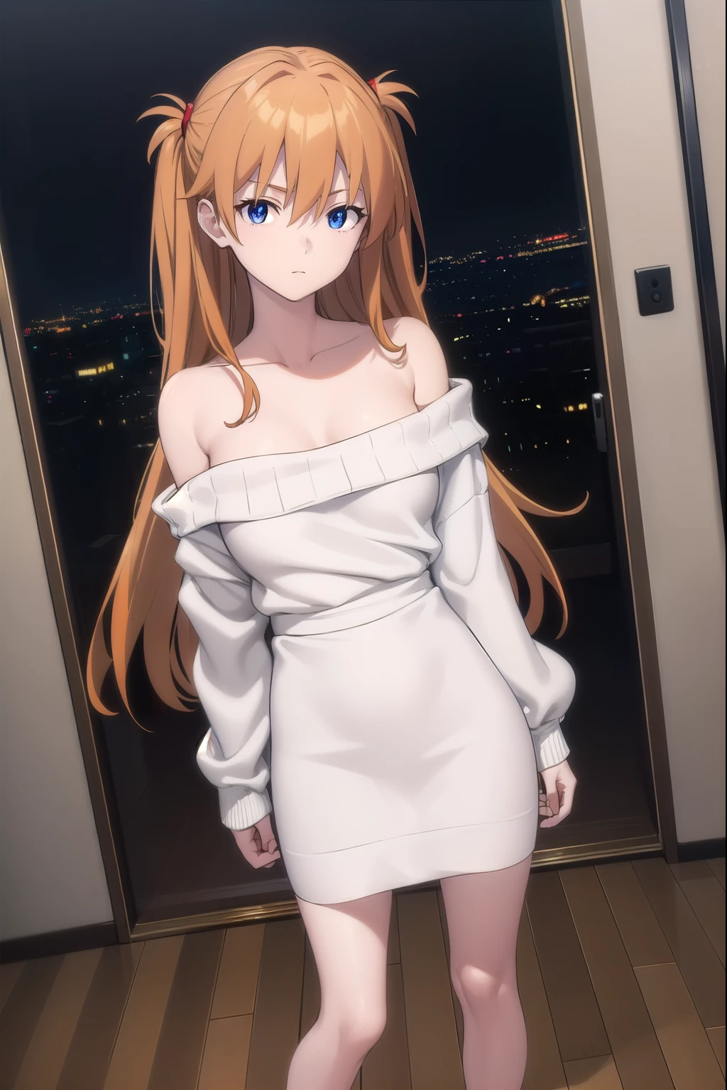 masterpiece), (best quality), (high resolution), (unity 8k wallpaper), (illustration:0.8), (beautiful detailed eye), (extremely detailed face), (extremely detailed CG), (souryuu asuka langley), (perfect hands, perfect anatomy), One Girl, blue eyes, hair between eyes, orange hair, two side up, (bare arms: 1.3), (bare legs: 1.3), put one hand on hips, (black halter neck long dress: 1.5), perfect lighting, standing, full body, looking at viewer, indoors, party venue, night