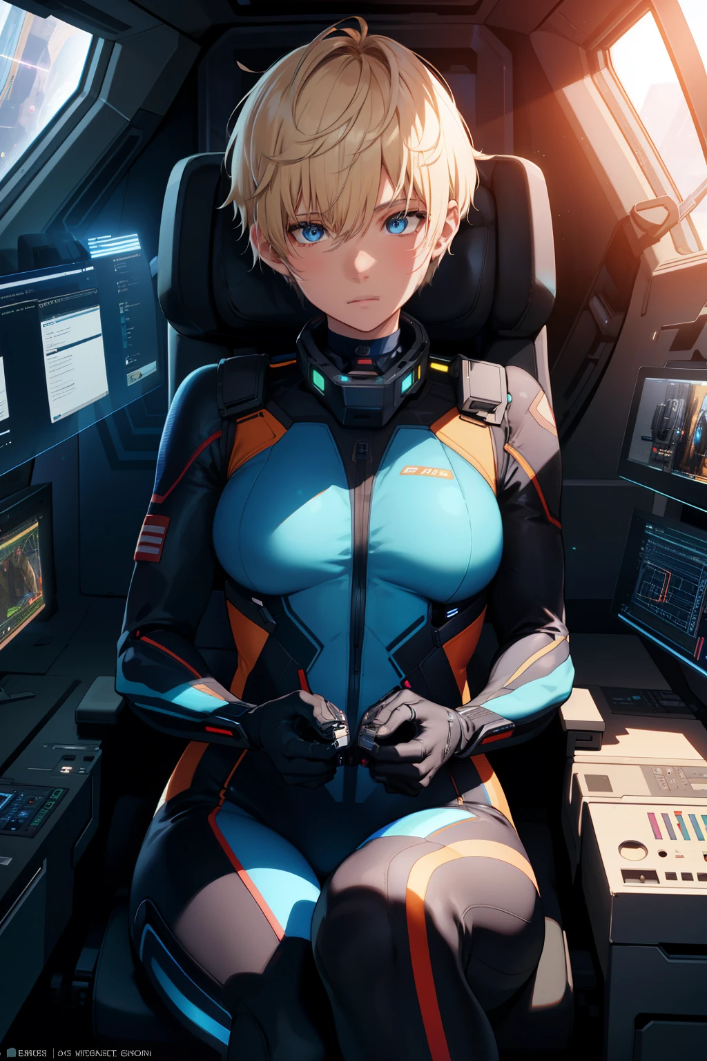cockpit-pilot, pilot suit, bodysuit, science fiction, mscockpit, holographic monitor, pilot chair, (extremely detailed CG unity 4k wallpaper),(masterpiece),(best quality),(ultra-detailed),(best illustration),(best shadow),(absurdres),(detailed background of a Dark bedroom), White woman, 30 years old, Neck-length blond hair (Pixie cut), Blue eyes, Focused expression, Looking straight ahead,