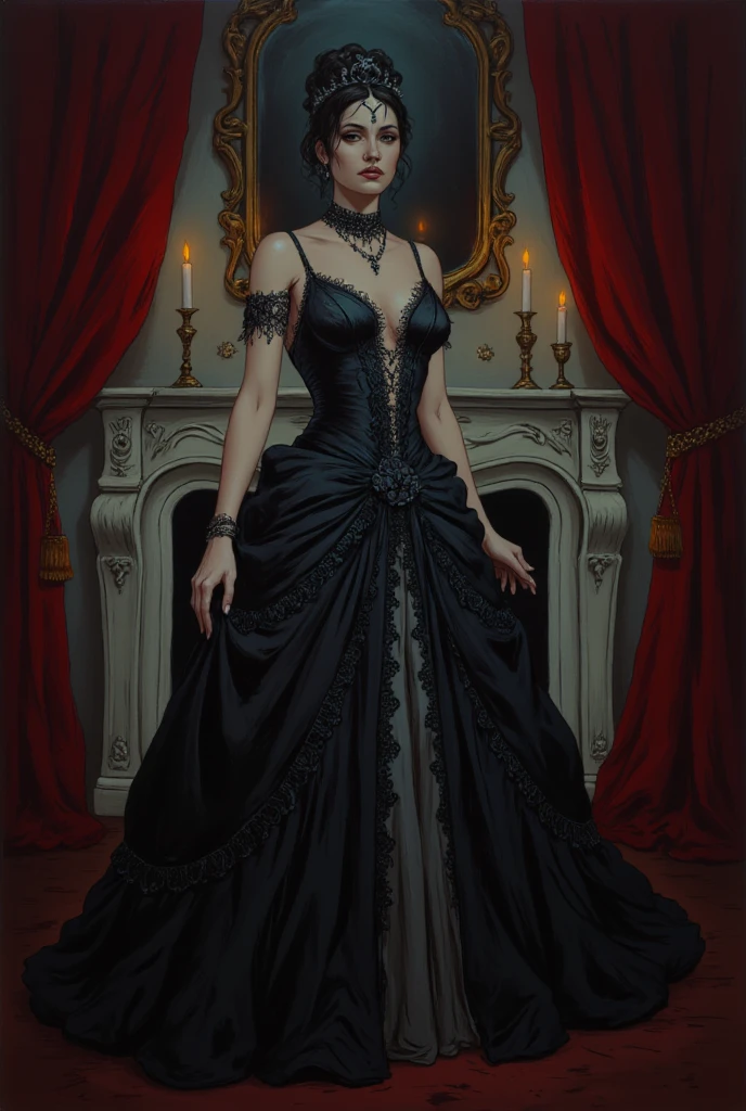 A dark and atmospheric oil painting portrait featuring a stunning Victorian-era woman. She wears an elaborate, high-necked gown adorned with lace and intricate embroidery. Her expression is mysterious, with piercing eyes that hint at hidden secrets. The setting is a dimly lit, gothic interior, with heavy velvet drapes, a grand fireplace, and an ornate, antique mirror reflecting the flickering light of a candelabrum. Shadows loom in the corners, and the air seems thick with an otherworldly presence, giving the scene an occult and eerie feel