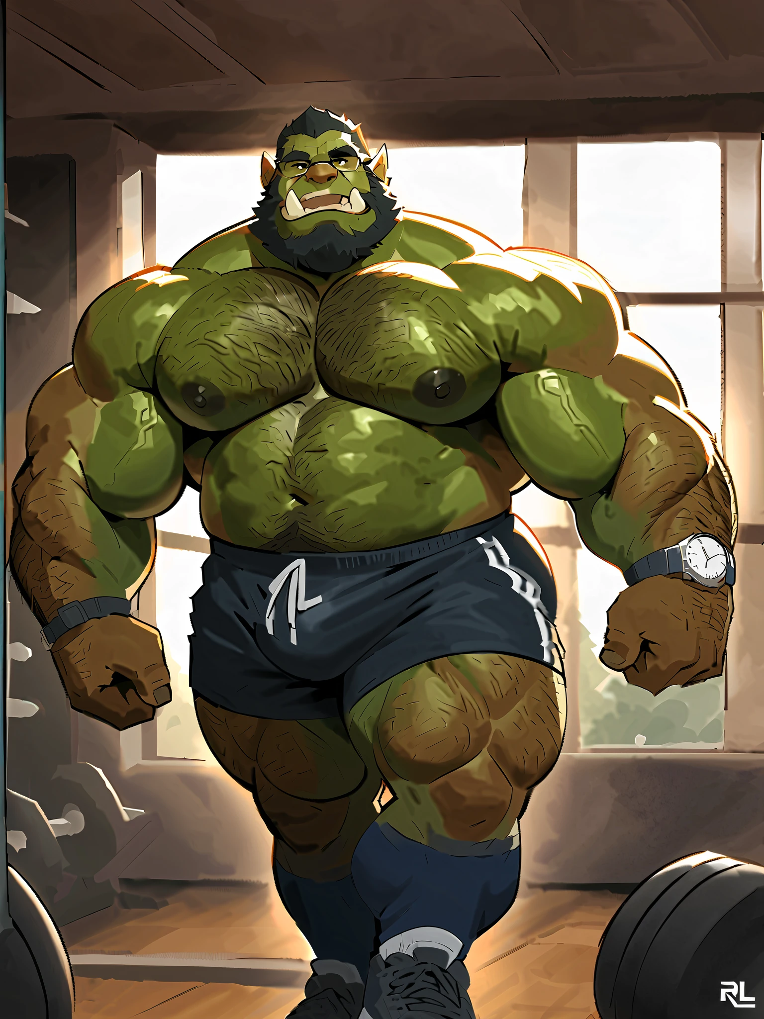 Hulk in a gym with a barbell and a weight plate - SeaArt AI