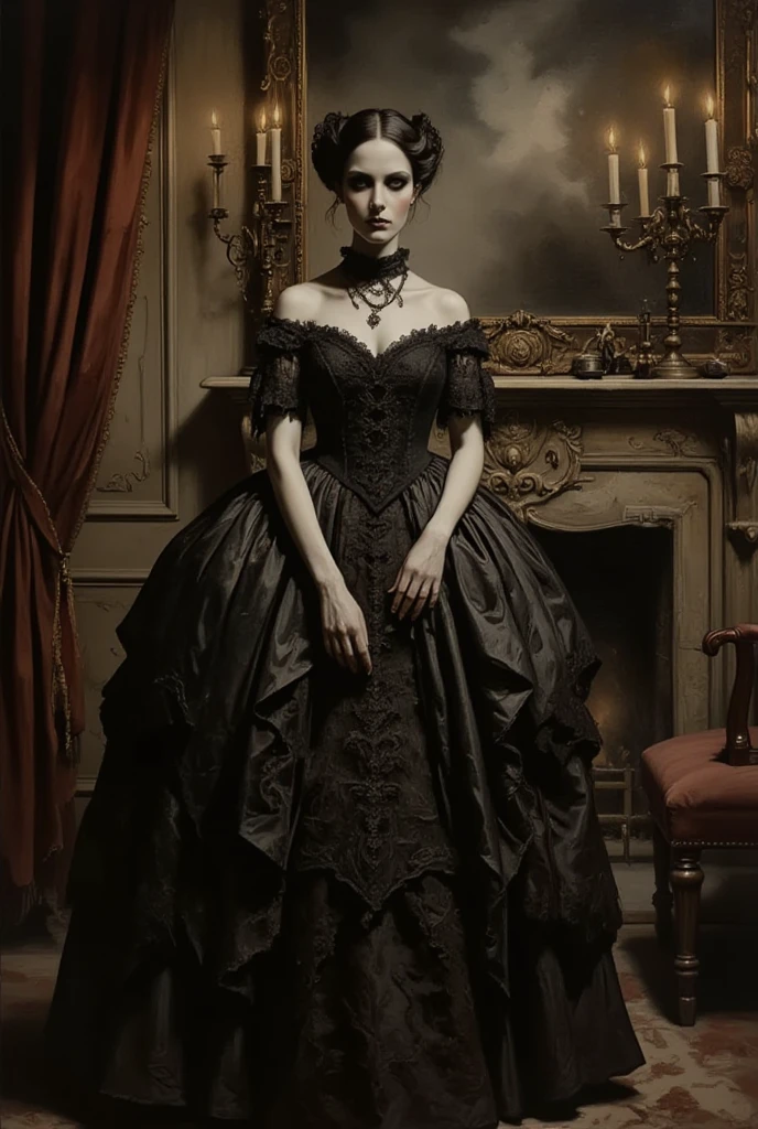 A dark and atmospheric oil painting portrait featuring a stunning Victorian-era woman. She wears an elaborate, high-necked gown adorned with lace and intricate embroidery. Her expression is mysterious, with piercing eyes that hint at hidden secrets. The setting is a dimly lit, gothic interior, with heavy velvet drapes, a grand fireplace, and an ornate, antique mirror reflecting the flickering light of a candelabrum. Shadows loom in the corners, and the air seems thick with an otherworldly presence, giving the scene an occult and eerie feel