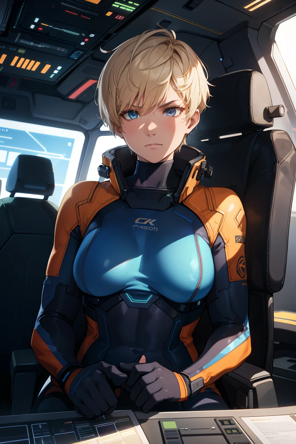 cockpit-pilot, pilot suit, bodysuit, science fiction, mscockpit, holographic monitor, pilot chair, (extremely detailed CG unity 4k wallpaper),(masterpiece),(best quality),(ultra-detailed),(best illustration),(best shadow),(absurdres),(detailed background), White woman, 30 years old, Neck-length blond hair (Pixie cut), Blue eyes, angry expression, 