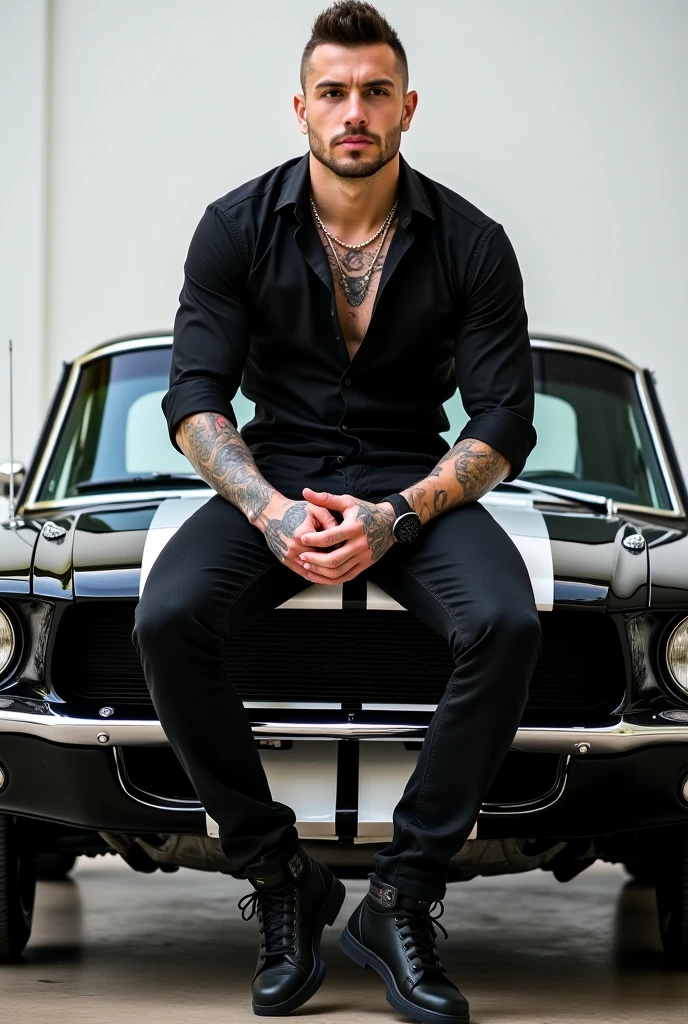 A tall man with dark skin and white hair, amber eyes and a small scar above the left eye, tattoos on the arm to the neck, in a black shirt closed only halfway exposing his chest with nipple piercings, hands in the pockets of his dark gray dress pants glancing at me from in front of my black dodge hellcat