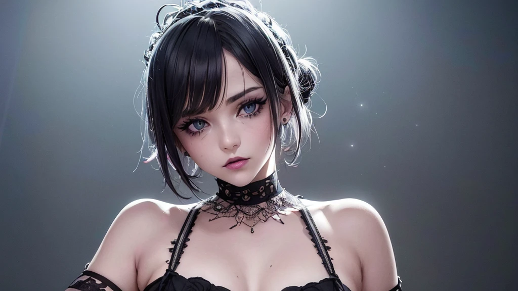 Depth of bounds written, detailed eye, ((CG illustration)), ((face focus)), ((masterpiece)), ((8K)), ((super detailed)), ((Super high quality)), ((cinematic)), ((Photoreal)), ((close up shot)), (solo), (cool girl), very long hair, straight hair, (((thin body))), Glossy skin, ((look away)), (Beautiful goth girl with high cheeks and legs), Gothic makeup, clear eyes, lipstick, dark eye shadow, ((No bra)), choker, earrings, provoke, night, ((full moon)), ((Functional)), Lonely, Visual kei, ((pastel colour)), Unwound clothes, forget, kiss, White Knight, dark, silence