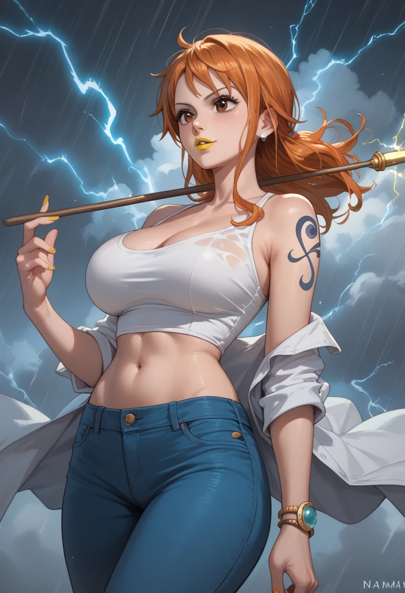 there is a woman in a bikini holding a baseball bat, nami from one piece, nami one piece, deviantart artstation cgscosiety, splashes of lightning behind her, epic digital art illustration, goddess of lightning, epic fantasy digital art style, epic fantasy digital art, 2. 5 d cgi anime fantasy artwork, mermaid cyborg with a laser whip, gorgeous young korean woman, inspired by Kim Deuk-sin, photo of slim girl model, sakimichan, thin waist, taejune kim