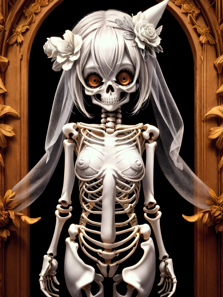 The image depicts a mystical and parallel reality where skeletons gather in a special meeting across dimensions. Regardless of their past lives, they are united in prayer, conversation, or simply enjoying themselves. At the center of the image stands a man with long hair and a suit, representing the realm of the living. Surrounded by flowers, they symbolize the blossoming of the afterlife existence. The blue sky with scattered clouds creates an atmosphere of tranquility and serenity.