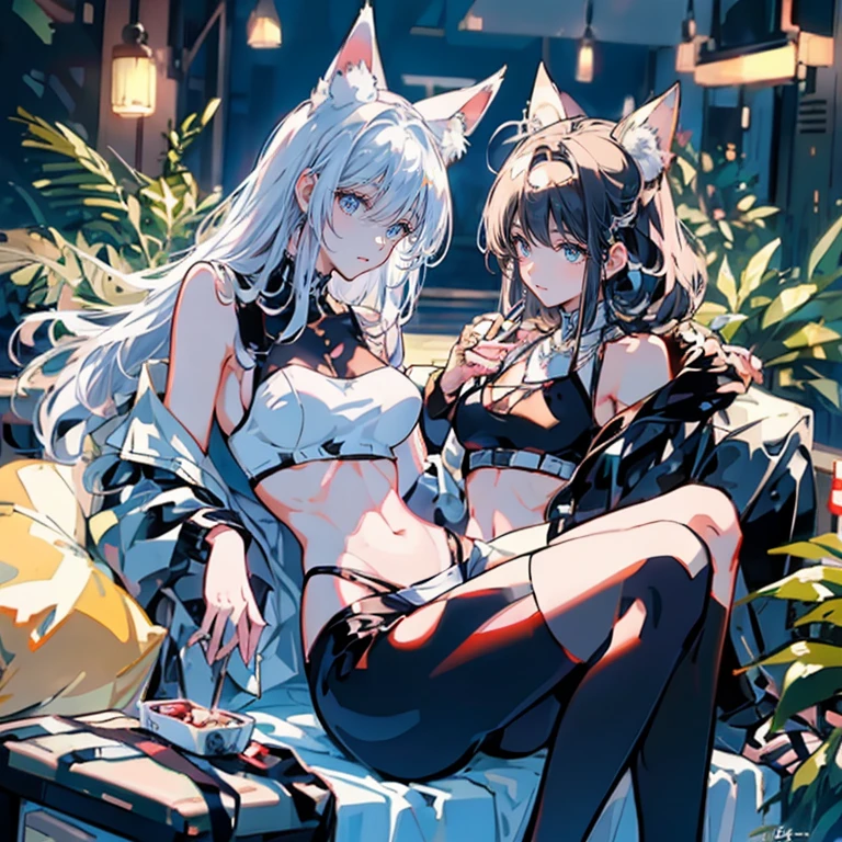 "Full-body anime kawaii character, beautifully detailed eyes and lips, long eyelashes, soft and elegant expression. A young woman with a slender and graceful figure, wearing a perfect, and elegant body, large and butt. Her face is delicate, with gentle features and a serene aura. The lighting is cinematic, with soft highlights and low-variance brightness that creates a dreamlike and vibrant atmosphere. The scene is artfully framed, with high-resolution details and soft color tones that highlight the character's beauty and elegance. (Best quality, 4k, 8k, High Resolution, Masterpiece: 1.2), ultra-detailed, digital painting, portrait style, soft and glamorous lighting." fox girl, two-tone eyes, lunar eye, white eye, large , short , long hair, straight hair, two-tone hair, white hair, bright pink hair, 3 fox tails, very short tactical styled shorts, lunar halo, 1girl, golden star hair ornament, star-shaped pupils, two-tone hair, stomach, white , white shorts, full body, on high-speed motorcycles, white mech-style mask, fox ears, black fox tails, twilight, motorcycle helmet, 6+girls,