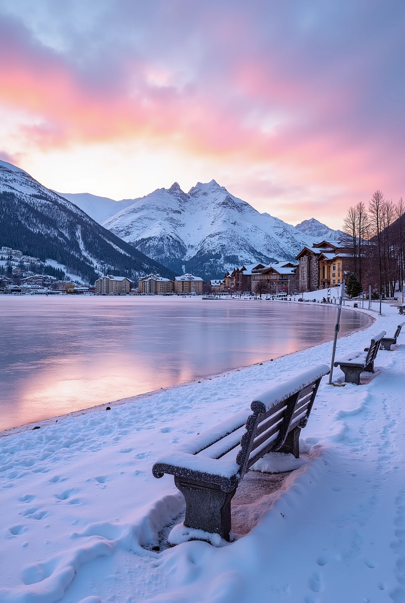 (masterpiece:1.3), (best quality:1.2), tourist's point of view of frozen Lake St. Moritz at sunrise, surrounded by snow-covered mountains, the reflection of pastel pink and orange skies on the icy surface, frost-covered benches along the promenade, luxury hotels visible in the background)
realistic phone photography, vibrant 4k resolution, natural soft lighting with a warm winter glow, crisp details, wide-angle composition, authentic travel photo feel.