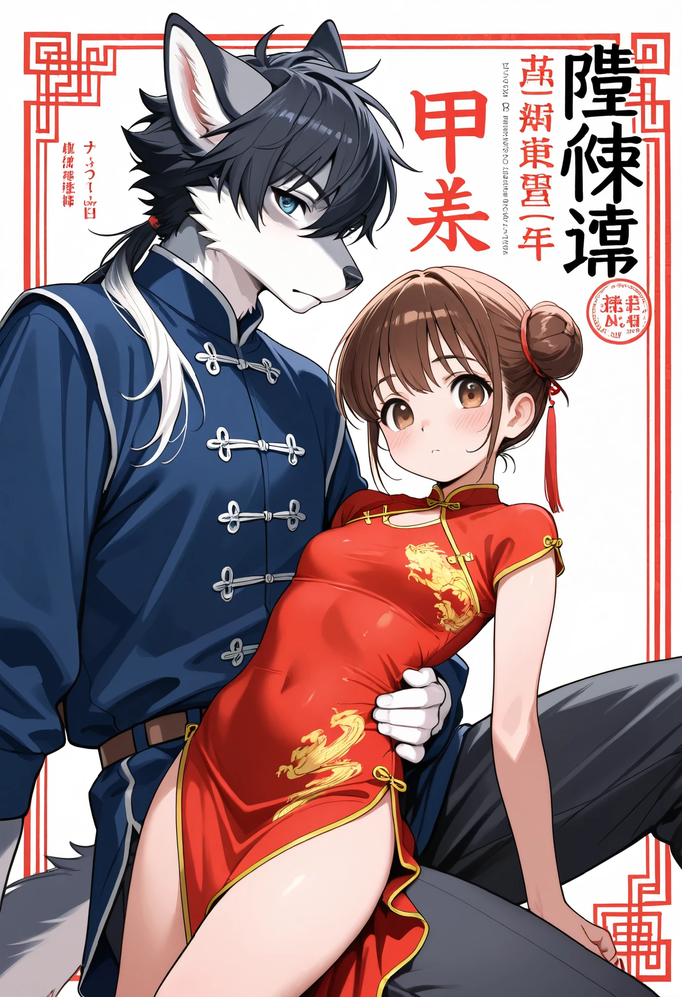 movie poster, movie artwork, concept art of action movie, romance novel cover, highres, top quality, best quality, perfect artwork, absurdres, perfect anatomy(couple, young 1male detective, 1woman in Chinese dress)(furry, kemono, anthro)with some elements of 007,