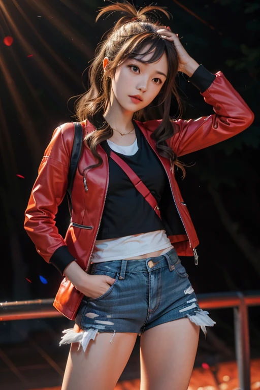 photorealistic, high resolution, 1women, solo, sitting, look at viewer, (detailed face), colorful street wear, jacket, skirt, thighhighs, tattoo, jewelry, snowy night