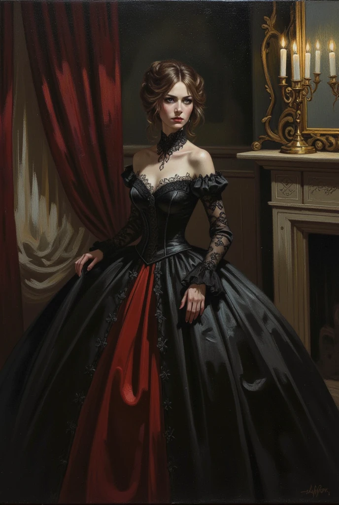 A dark and atmospheric oil painting featuring a stunning Victorian-era woman. She wears an elaborate, high-necked gown adorned with lace and intricate embroidery. Her expression is mysterious, with beautiful eyes that hint at hidden secrets. The setting is a dimly lit, gothic interior, with heavy velvet drapes, a grand fireplace, and an ornate, antique mirror reflecting the flickering light of a candelabrum. Shadows loom in the corners, and the air seems thick with an otherworldly presence, giving the scene an occult and eerie feel. ((Revelating Big boobs)), sexy, detailed face