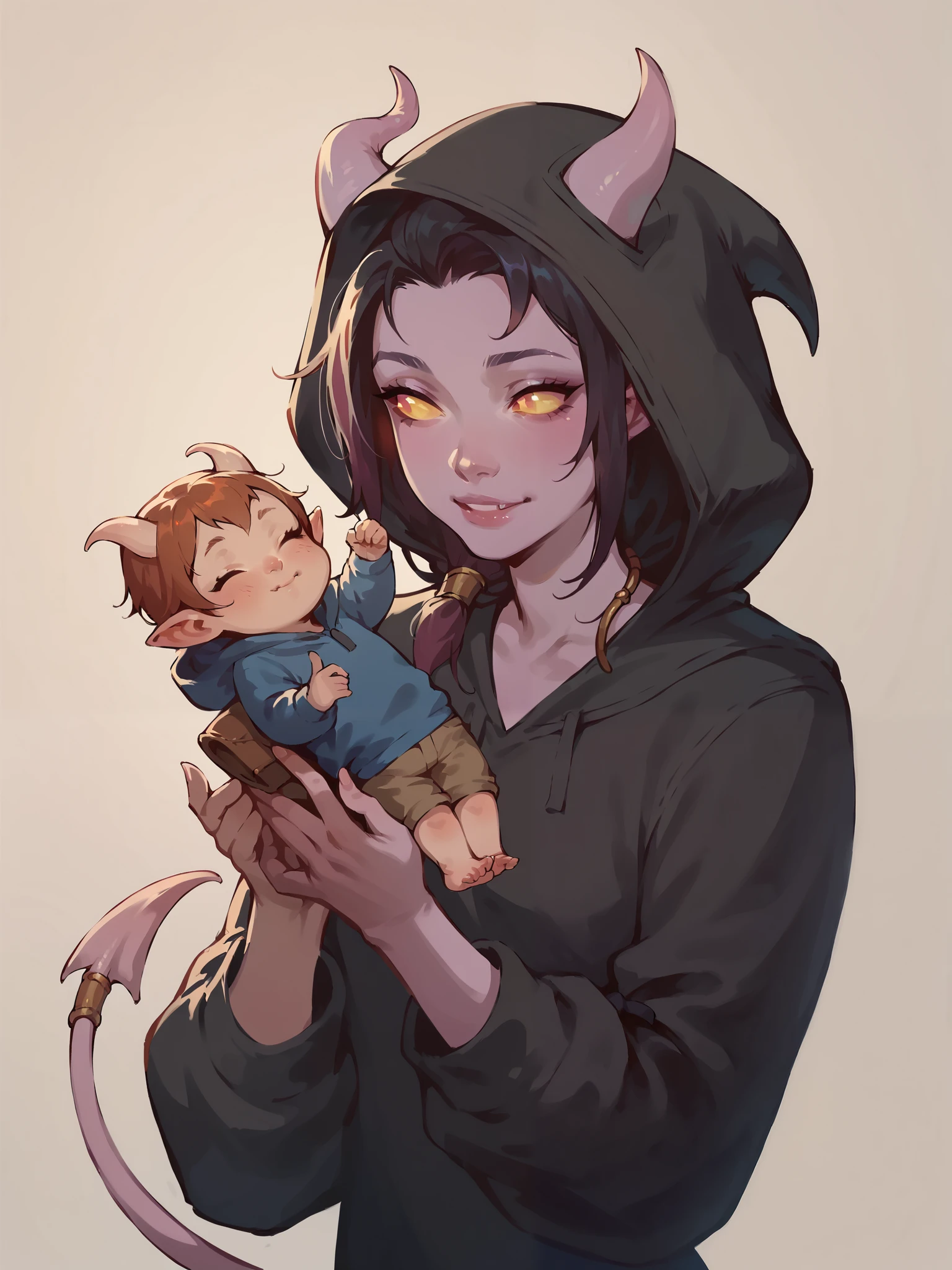 score_9, score_8_up, score_7_up, score_6_up, sw4p, a cute  Tiefling, tiny tiefling horns, tiefling tail, simple background, hood, tender scene