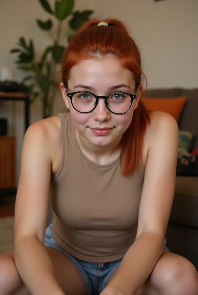 (Best quality:1.4),(shiny skin), body focus, (cute Face), (((Best quality))), illustration, ((Beautiful Finger)), , Beautiful body, Beautiful character design ,Ideal lighting, colorful, bright_front_Face_lighting, ultra high resolution, a high resolution, absurdity:1.2, hips:1.2, lens flare, (bright_color:1.2), (Beautiful, Small breasts:1.4),
reddish orange hair, red hairclip, round glasses, (Brown eyes:1.2), smile (chubby:1), vertically challenged, in room, Palms, hand on hip, nude body