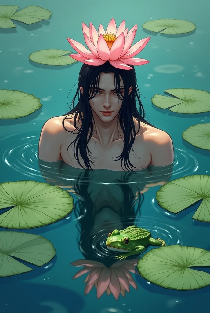 God of spring, defined man, he is very beautiful, brown skin, honey eyes, black hair, the bowl cut, jungle men, he is not wearing clothes, he is naked, lying in a lake, on his back there are aquatic flowers , vitorias regias, he is in the Brazilian Amazon, he is lying in the water on the edge of the lake, we see him from above, full body.