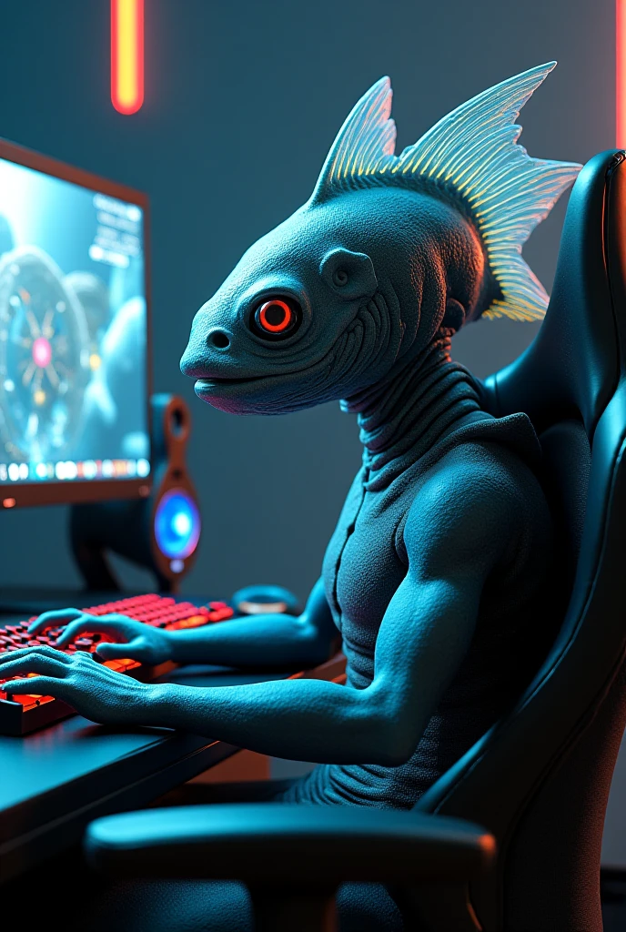 a creature with a shrimp head and a human body,Sitting in front of the computer,the whole body is shaped like a C