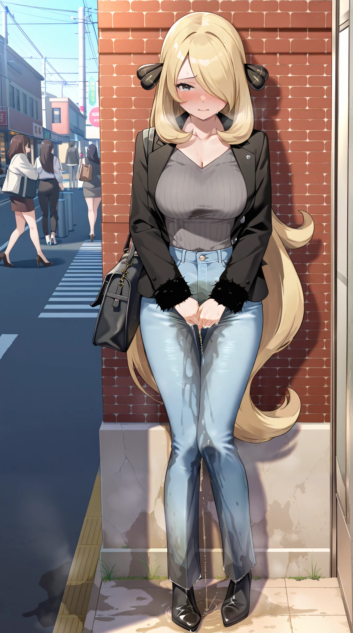 cynthia from pokemon, blue denim pants, (wetting herself:1.5), Outdoor setting, Fashion photography, Looking at viewer in relief, highres, absurdres, masterpiece, best quality, amazing quality, (Deep focus), Full body picture,