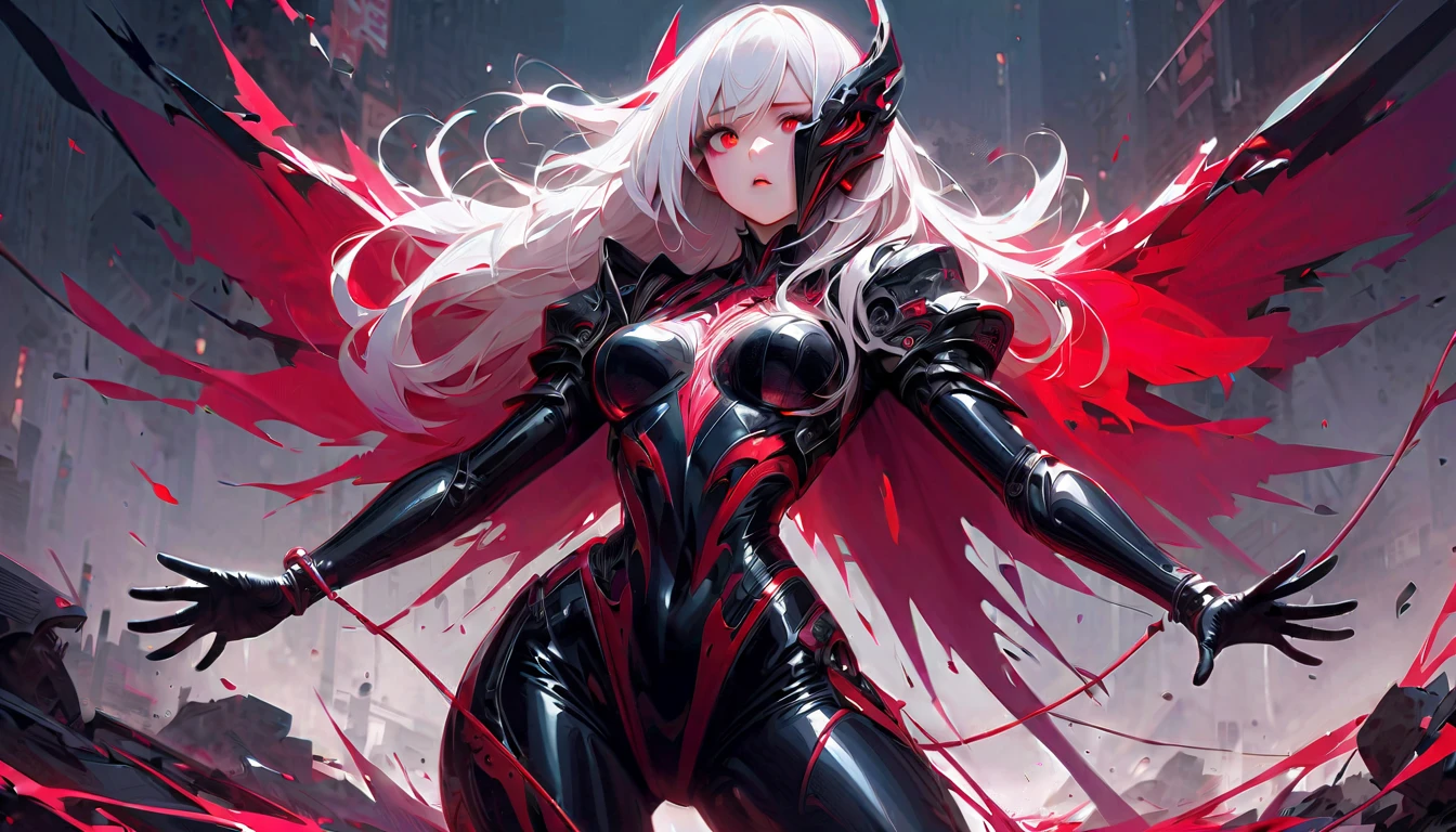 masterpiece, best quality, 8K, number, 1 girl, Solitary, stand up, youth, White hair, Long white hair, Hair accessories, Red Eyes, Round pupil, Emotionless expression, Blood, Mechanical Parts, electric wire, cable, Failure Effect, Shocking, Science fiction, Futuristic, The background is very dark, Neon, Cyberpunk Characters, Surreal, Strange, Disturbing, Creepy, Shocking, Jumpsuit,Red Eyes,Venom,nigrescence,Long black gloves,One-piece Pants,Tight latex bodysuit,Highlight her graceful figure,Wrap the whole body,Symbiote,((Sexy highlighted)),Jumpsuit,Red Eyes,Venom,nigrescence,Long black gloves,One-piece Pants,Black latex suit,Blood-Red Eyes,best quality, high resolution, Very detailed, Vivid texture, mask, Tight latex bodysuit, Bangs,Purple Hair, blue eyes
