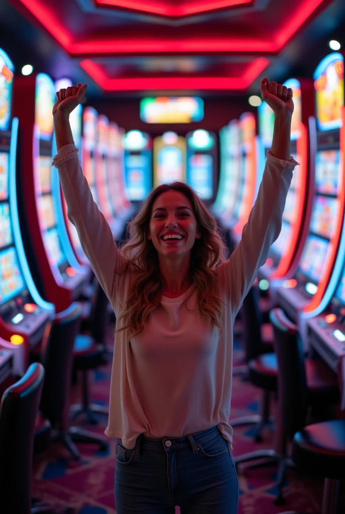Ecstatic woman, main focus, winning jackpot, casino slot machine, 777 display, gold coins raining down, overjoyed expression, arms raised in celebration, radiant smile, sparkle in eyes, vibrant casino lights, coins piling around her feet, lucky moment, dynamic pose, stylish outfit, confetti in air, blurred background, emotional impact, life-changing win, close-up on face, luxurious atmosphere