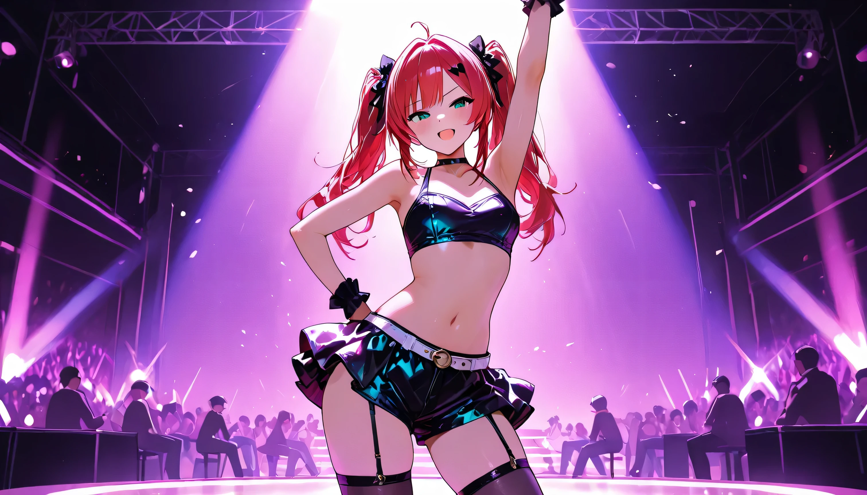 1girl,solo,cool,red hair,red eyes,big breast,cleavage,armpit,wet,brassiere  and panty,,in theater,on the stage,spotlight,musical,dance,around the audience
