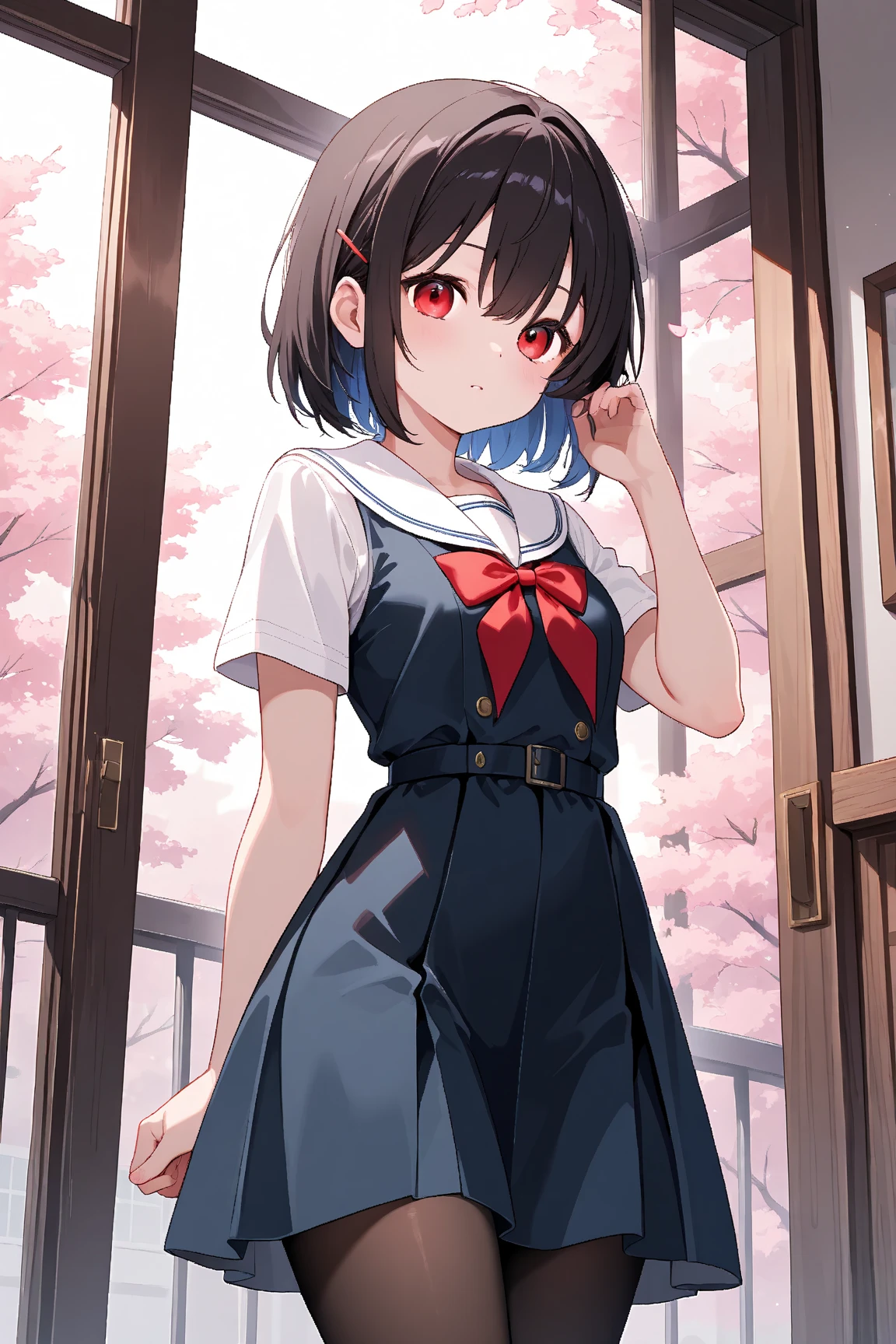 (masterpiece,up to date,Exceptional:1.2), anime,One girl,前hair,black_hair, Beautiful 8k eyes,green_null,bridge,building,city,city,cityscape,cloud,Day,dress,Looking_in_Audience,Outdoor,red_Neckwear,red_ribbon,ribbon,river,short_hair,short_sleeve,null,nullscraper,一人in,Are standing,town,winer((Toddler girl)) ((5 years old))((naked)) ((nsfw)