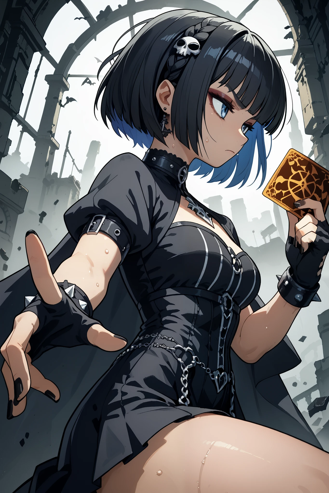 Gothic style female wizard, wizard's robe、side view,fight、closed mouth、Female magician holding a bill、 dynamic composition、 action、hand,serious、 Hair Accessories 、 , custom gothic retinue clothing, thighs,,, sweat, shortness of breath, long fingerless gloves, nails, gothic fashion, holding card、blue eyes、hand, lhata4564 、ruins、 Neat Gothic Fashion、puff sleeve short sleeve、 skirt 、Black-haired bob cut、gothic , thighs