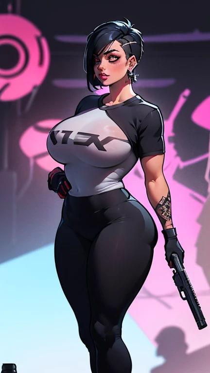 score_9, score_8_up, score_7_up, score_6_up, score_5_up, score_4_up, BREAK 1girl, purple hair, bob cut hair, straight hair, short hair, tomboy, grey eyes, thick lips, light smile, long eyelashes, half-closed eyes, black-framed eyewear, round eyewear, black choker, swept bangs, adult, mature, black eyeliner, ear piercing, black lips, grey eyeshadow, looking at viewer, BREAK solo, standing, large breasts, adult, skinny, peace sign, from above, wedgie, highleg, arched back, thigh gap, white crop to, black sport shorts, white stripes, patterned clothing, adidas, black thong, floral print choker, goth, BREAK (white background:1.2), simple background, dynamic pose, dynamic angle, angled shot,
