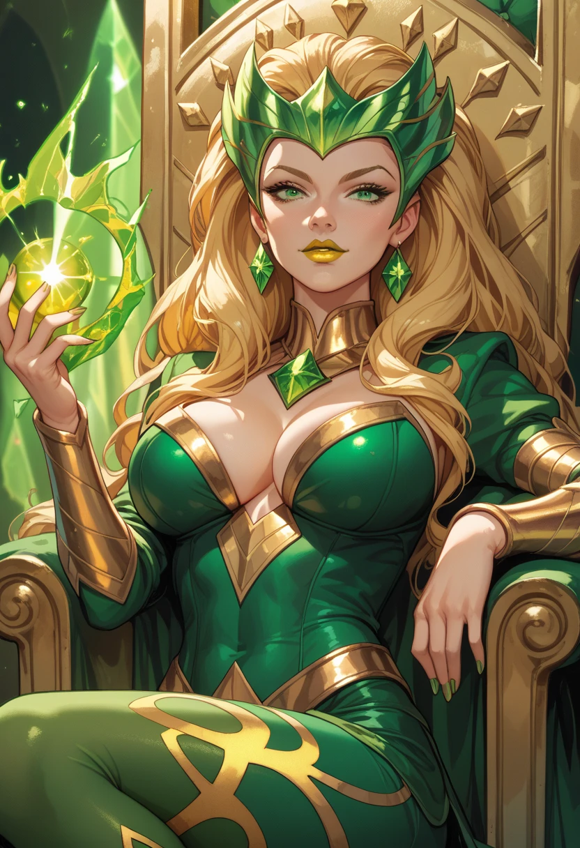 woman, big breasts, yellow lipstick, anime style, white skin, blonde hair, green eyes, golden throne, golden energy, green teara, green clothes, Amora, Enchantress