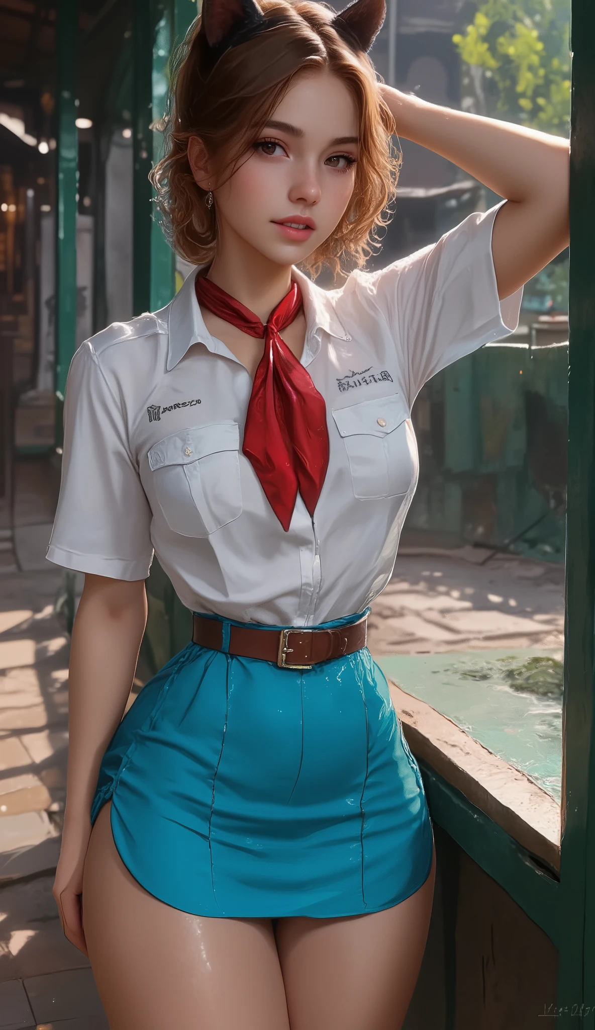 high quality picture, UHD, perfect light, detailed picture, masterpiece, very young slim fit girl, full height, rounded face, (long curly disheveled brown hair:1.2), big brown eyes, shy smile, perfect medium breast, band on head with fake cat ears, pioneer neckerchief, short tight blue pleated skirt, bangs, tight white shirt, short sleeves, collared shirt, belt, red neckerchief, breast pocket,