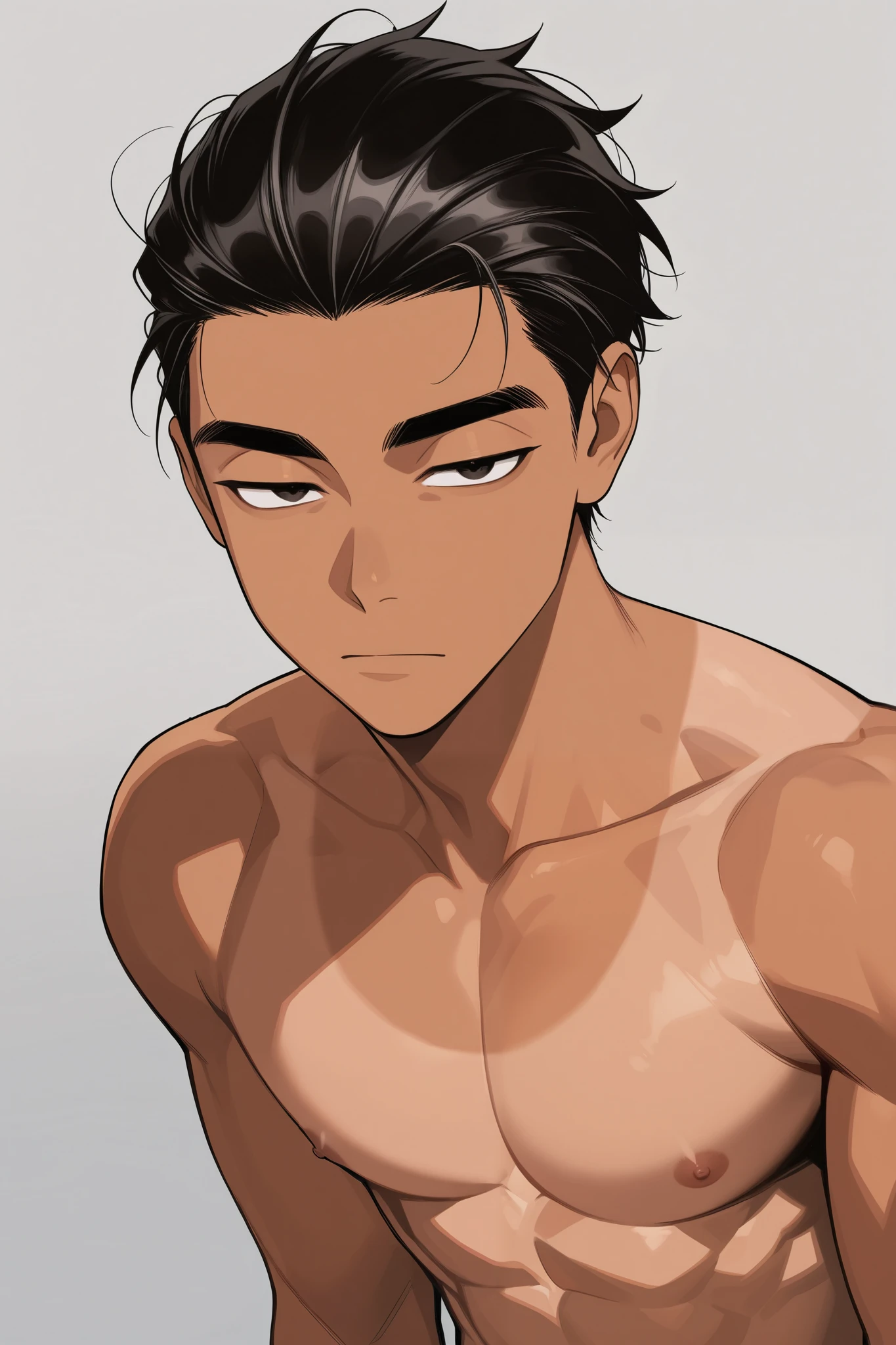Man,boyish,handsome,toned,Thick eyebrows,hair slicked back,tan,looking at viewer,expressionless,half-closed eyes,upper body