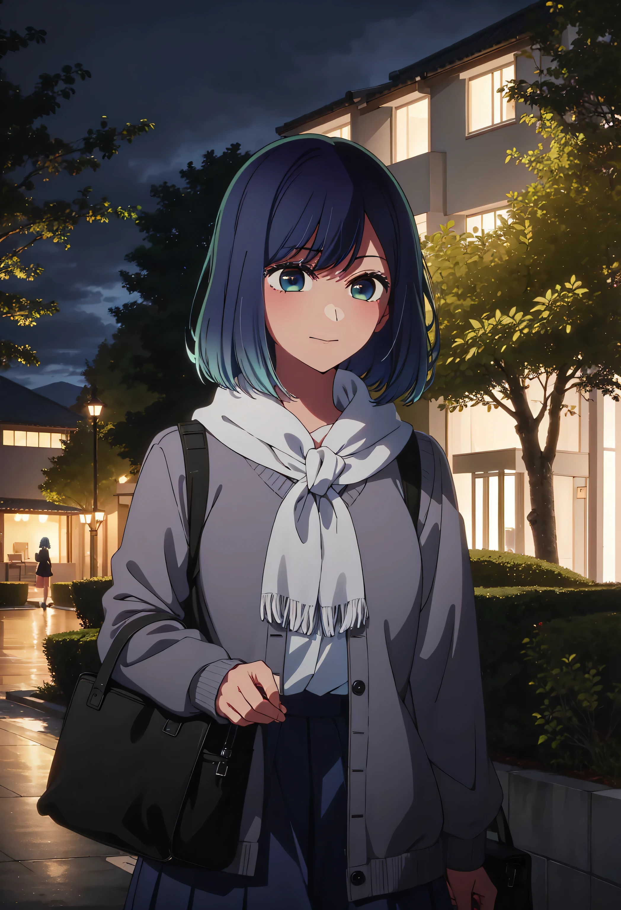 Akane Kurokawa, masterpiece, good quality , a girl, alone, smile, blushing, beautiful, winked blue hair, short hair, looking at the spectator, green eyes, short hair, Bleached hair, blue eyes, detailed face , perfect face , perfect body , detailed eyes, white sweater, long black skirt , blue scarf, winked blue hair, at night, in a park near a lake, atmospheric lighting
