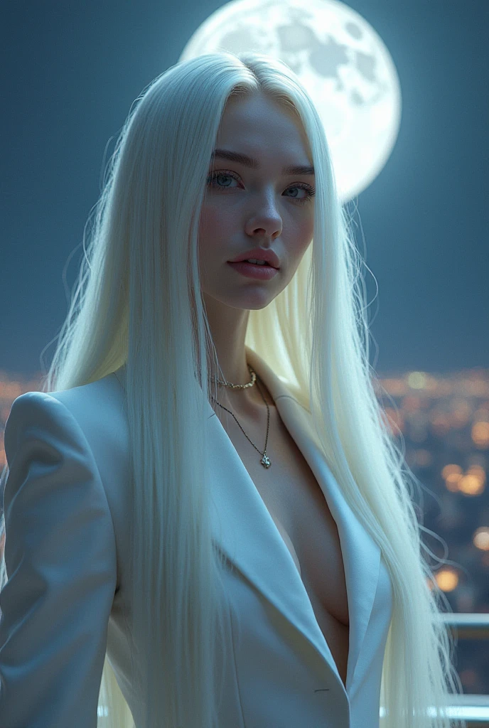 masterpiece, highest quality, (solo focus), (perfect face:1.1), (high detail:1.1),dramatic, 1guy, (pale skin), long white hair, white eyes, solo, long hair, moon, night, white luxury suit, covered navel, pouty lips, covered, futuristic city, detailed background, art by artgerm and greg rutkowski, cinematic lighting,