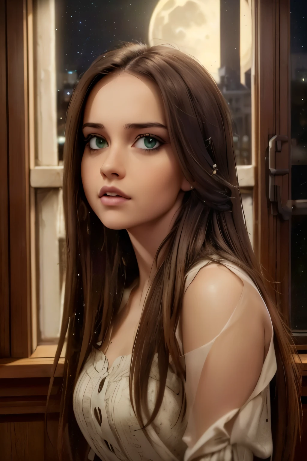 beautiful detailed girl, dark green eyes, long brown hair, looking out window, city lights, night sky, stars, moonlight, digital painting, cinematic lighting, dramatic, moody, atmospheric, (best quality,4k,8k,highres,masterpiece:1.2),ultra-detailed,(realistic,photorealistic,photo-realistic:1.37),portriat