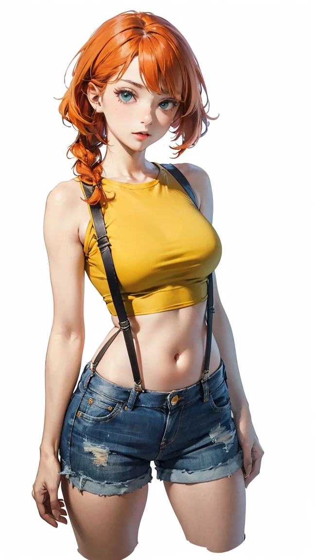 RanmaChan, Red hair, Hair with braid, blue eyess, eyes detailed, masterpiece,High resolution,8k,Detailed anatomy
(Foggy_Pokemon)(One 18-year-old girl)
(Berry Short,Orange Hair,One-sided up hair,Big green eyes,Small breasts,skinny)
(Yellow Sleeveless T-Shirt,Navel exposed,Denim hot pants,Red suspenders,sneakers)
There's a soul in my eyes.