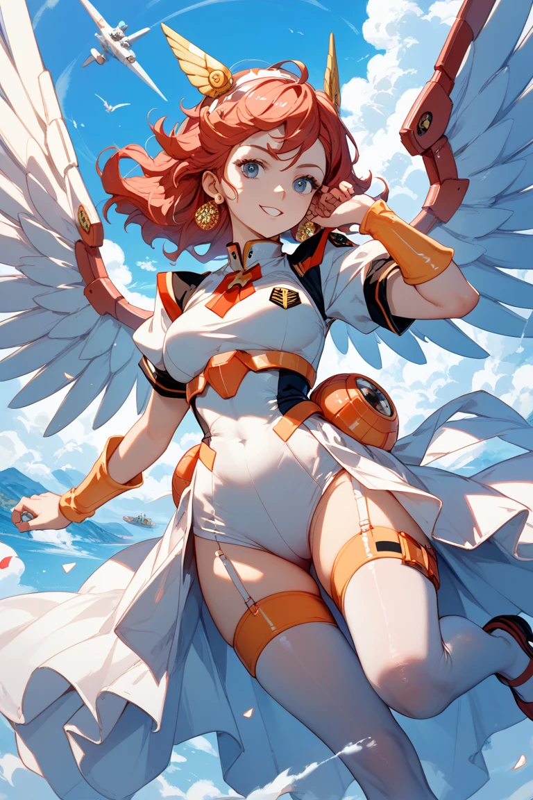 1girl,(angel wings),smile, (red leotard), armor, thighhighs, short hair,blond hair, solo,(cameltoe:1.3),top-quality,Top image quality,perfect anatomy,masterpiece,ultra-detailliert,Beautiful、ultra-quality, best quality,high resolution, ultra-detailed,game cg,dutch angle ,beautiful detailed eyes, visualart,five fingers, perfect hands,