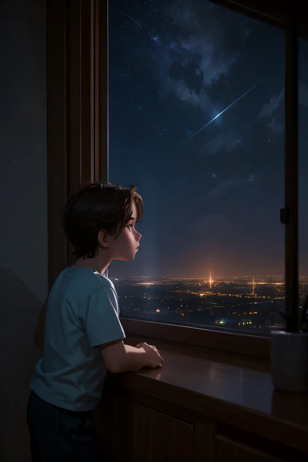 a beautiful young boy gazing out a window, city lights in the distance, night sky filled with stars and a bright moon, cinematic dramatic lighting, moody and atmospheric digital painting